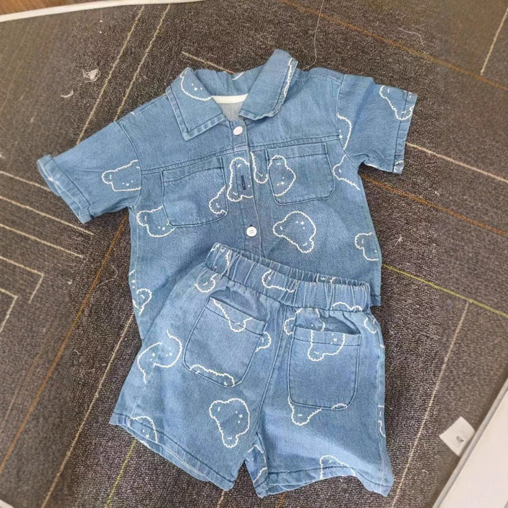 Summer Baby Kids Teddy Cartoon Pattern Shirt and Shorts Clothing Set - Freeyouthzbandz