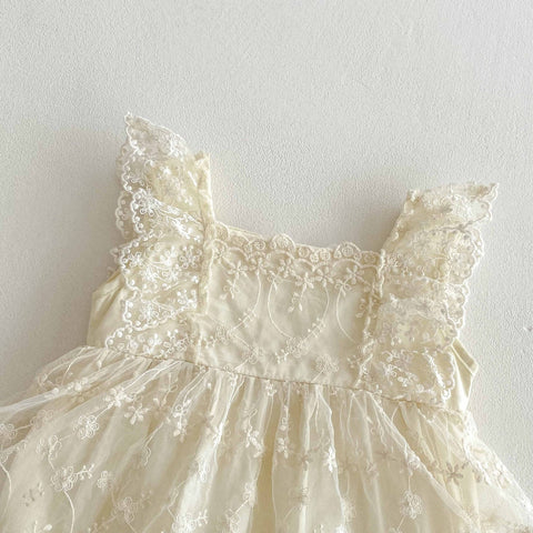 Summer Arrival Baby Girls Cute Beige Sleeveless Flowers Pattern Lace Onesies - Freeyouthzbandz