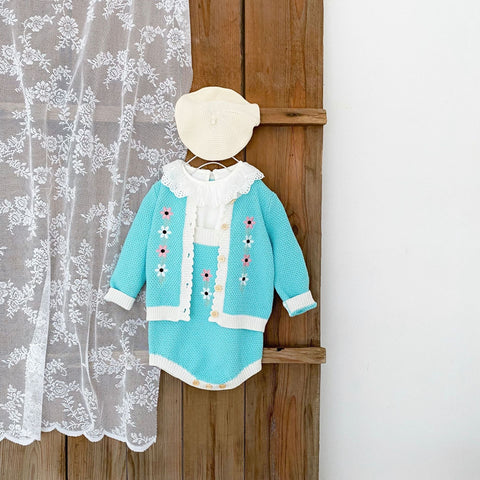 Baby Girl Flower Embroidered Graphic Contrast Bodysuit & Cardigan One Pieces Sets