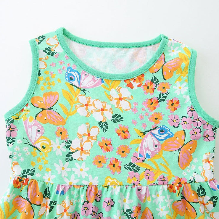 Summer Pure Cotton Flowers and Butterfly Pattern Sleeveless Dress for Stylish Girls - Freeyouthzbandz