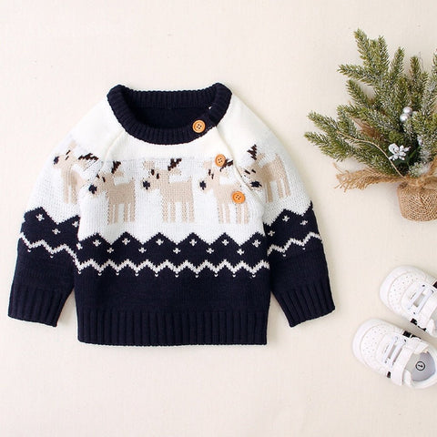 Baby Cartoon Christmas Deer Pattern Shoulder Button Design Knitted Pullover Sweater - Freeyouthzbandz