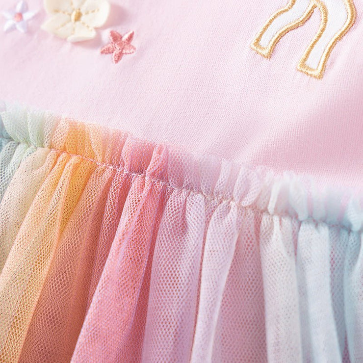 Autumn and Spring Arrival Unicorn Cartoon Pattern Long Sleeves Tulle Patchwork Dress for Stylish Girls - Freeyouthzbandz