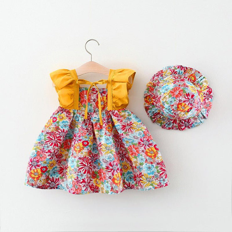 Baby Girl Flower Pattern Butterfly Sleeve Design Cute Dress With Hat - Freeyouthzbandz