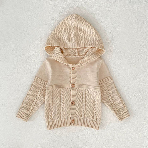 Autumn Arrival Baby Unisex Comfortable Solid Color Geometric Pattern Knitted Long Sleeves Cardigan with Hood - Freeyouthzbandz