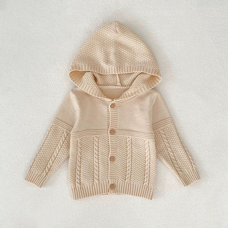 Autumn Arrival Baby Unisex Comfortable Solid Color Geometric Pattern Knitted Long Sleeves Cardigan with Hood - Freeyouthzbandz