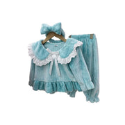 Baby Girl Solid Color Doll Neck Fleece Thickened Tops Combo Trousers Sets Pajamas Tracksuit - Freeyouthzbandz