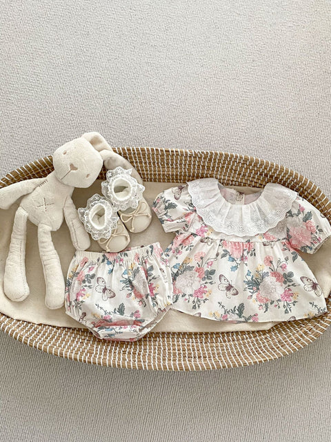 Summer Baby Girls Flowers And Butterfly Pattern Short Sleeves Onesies/Dress - Freeyouthzbandz