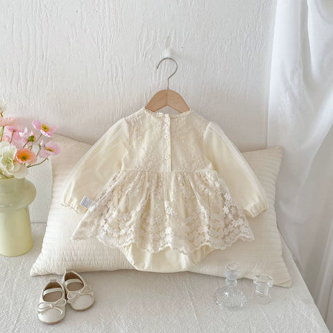 Autumn Arrival Baby Girls Long Sleeves Flowers Pattern Tulle Patchwork Onesies - Freeyouthzbandz