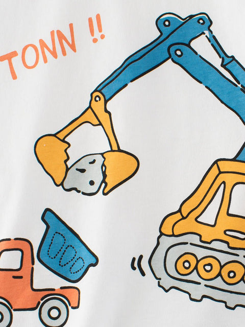 Boys’ Cartoon Excavator And Truck Print T-Shirt In European And American Style - Freeyouthzbandz