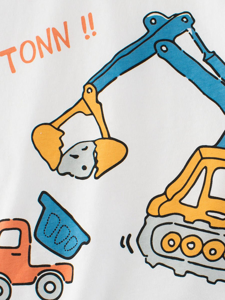 Boys’ Cartoon Excavator And Truck Print T-Shirt In European And American Style - Freeyouthzbandz