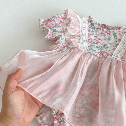 Summer Arrival Baby Girls Color Patchwork Floral Short Sleeves Tulle Onesies Dress - Freeyouthzbandz