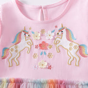 Autumn and Spring Arrival Unicorn Cartoon Pattern Long Sleeves Tulle Patchwork Dress for Stylish Girls - Freeyouthzbandz