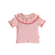 Girls’ Hollow-out Pattern Short Sleeves Top Shirt in European and American Style for Summer