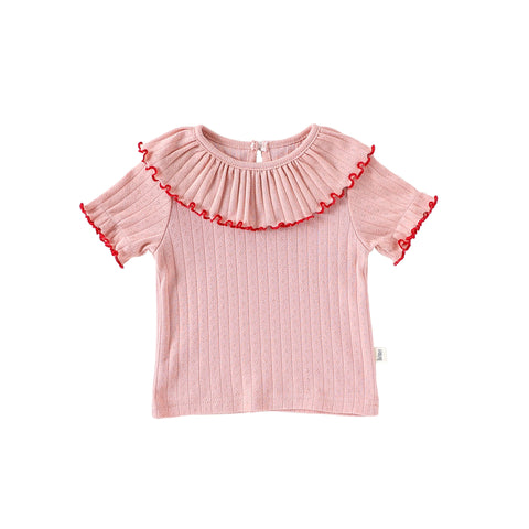 Girls’ Hollow-out Pattern Short Sleeves Top Shirt in European and American Style for Summer