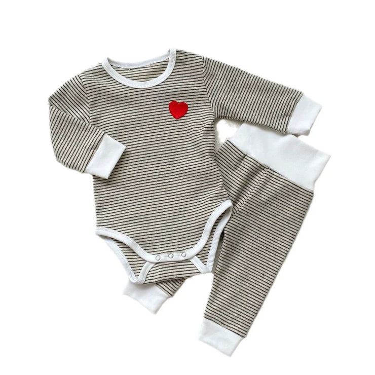 Autumn Arrival Baby Unisex Long Sleeves Heart and Striped Pattern Onesies and Pants Sets - Freeyouthzbandz