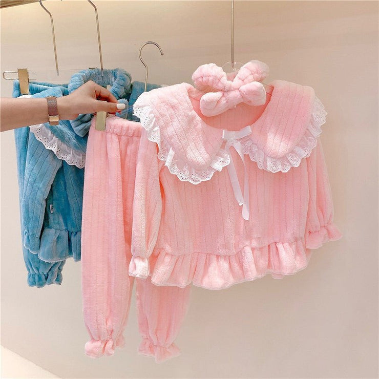 Baby Girl Solid Color Doll Neck Fleece Thickened Tops Combo Trousers Sets Pajamas Tracksuit - Freeyouthzbandz