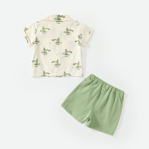 Summer Baby Kids Casual Cartoon Animals Pattern Short Sleeves Top Shirt with Green Shorts Clothing Set for Boys - Freeyouthzbandz