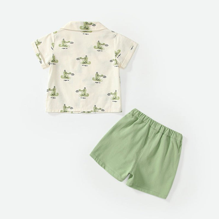 Summer Baby Kids Casual Cartoon Animals Pattern Short Sleeves Top Shirt with Green Shorts Clothing Set for Boys - Freeyouthzbandz