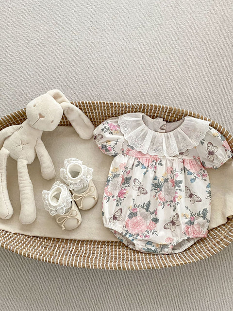 Summer Baby Girls Flowers And Butterfly Pattern Short Sleeves Onesies/Dress - Freeyouthzbandz