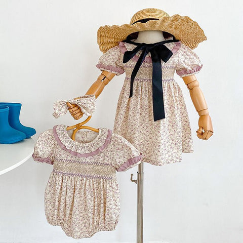 Baby Girl Ditsy Flower Ruffle Neck Dress Onesies In Summer - Freeyouthzbandz