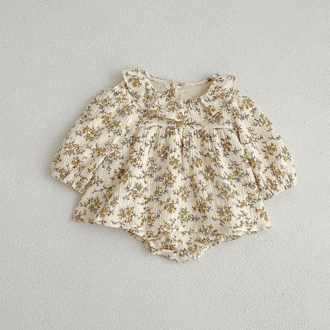 Floral Pattern Ruffle Neck Baby Onesies Dress - Freeyouthzbandz