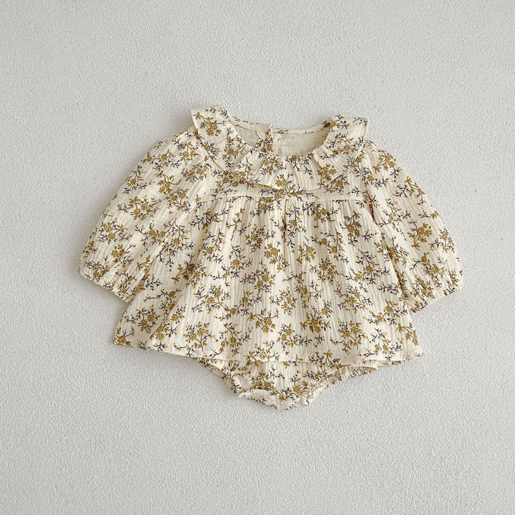 Floral Pattern Ruffle Neck Baby Onesies Dress - Freeyouthzbandz