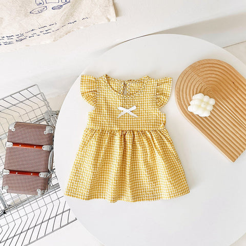 Arrival Summer Baby Girls Plaid Fly Sleeves Dress With Bow