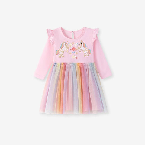 Autumn and Spring Arrival Unicorn Cartoon Pattern Long Sleeves Tulle Patchwork Dress for Stylish Girls - Freeyouthzbandz