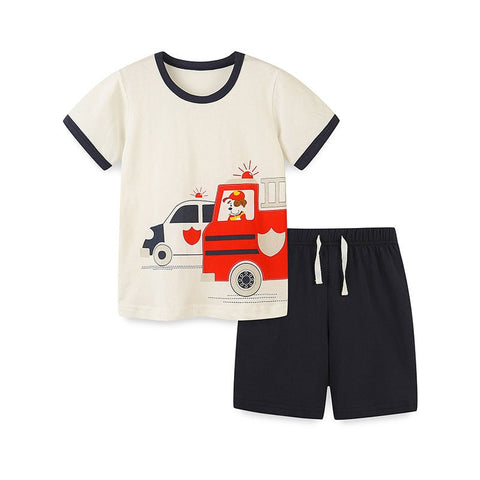 Summer Baby Kids Boys Emergency Cars Cartoon Pattern T-Shirt And Solid Color Shorts Clothing Set - Freeyouthzbandz