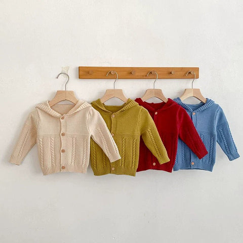 Autumn Arrival Baby Unisex Comfortable Solid Color Geometric Pattern Knitted Long Sleeves Cardigan with Hood - Freeyouthzbandz