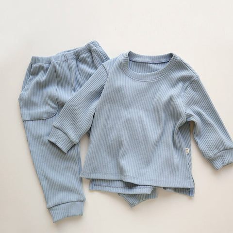Spring and Autumn Kids Unisex Casual Solid Color Long Sleeves Striped Top and Pants Knitted Clothing Set - Freeyouthzbandz