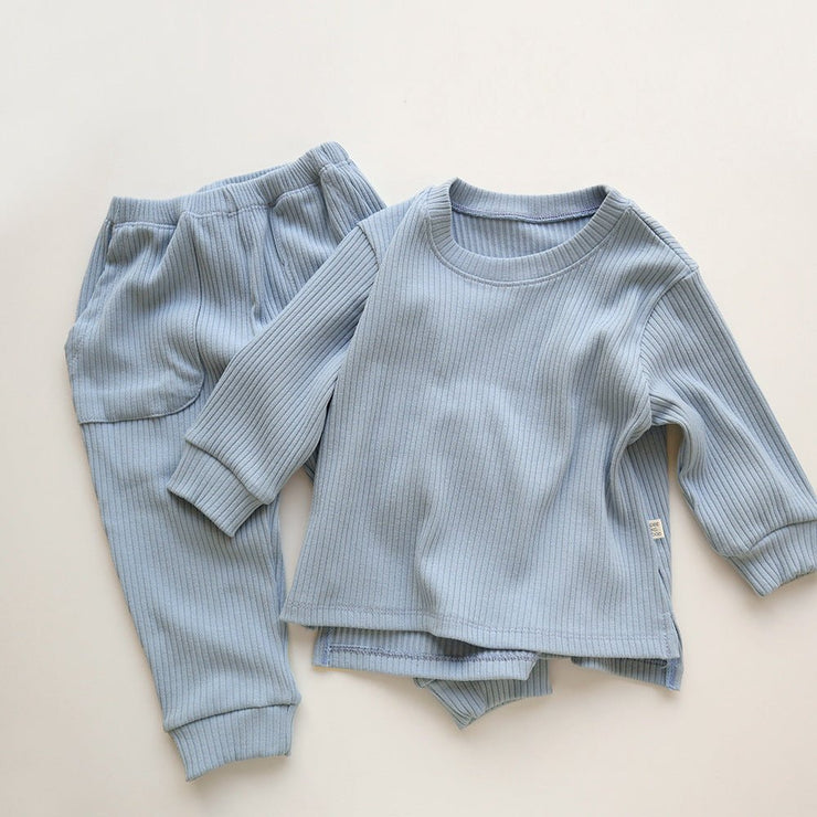 Spring and Autumn Kids Unisex Casual Solid Color Long Sleeves Striped Top and Pants Knitted Clothing Set - Freeyouthzbandz