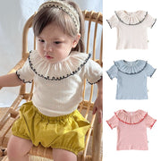 Girls’ Hollow-out Pattern Short Sleeves Top Shirt in European and American Style for Summer