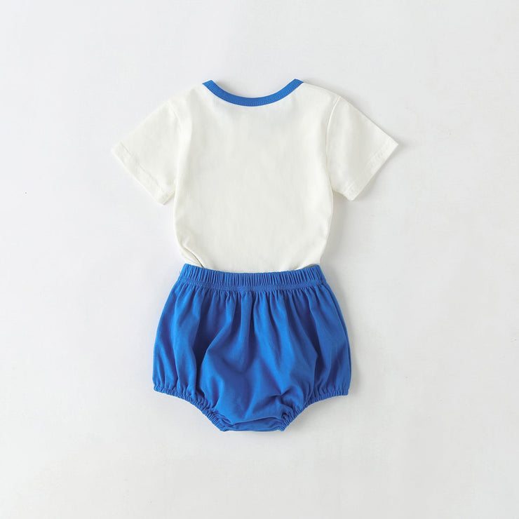 Baby Cartoon Dinosaur Pattern Contrast Neck Tee Combo Solid Shorts Sets - Freeyouthzbandz