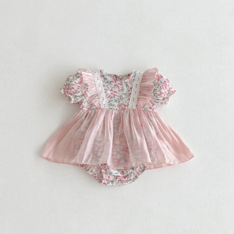 Summer Arrival Baby Girls Color Patchwork Floral Short Sleeves Tulle Onesies Dress - Freeyouthzbandz