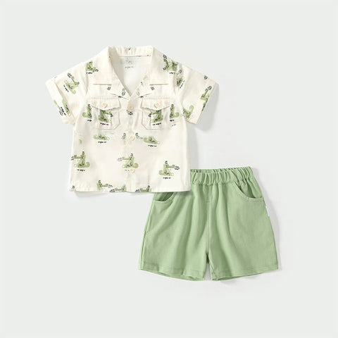 Summer Baby Kids Casual Cartoon Animals Pattern Short Sleeves Top Shirt with Green Shorts Clothing Set for Boys - Freeyouthzbandz