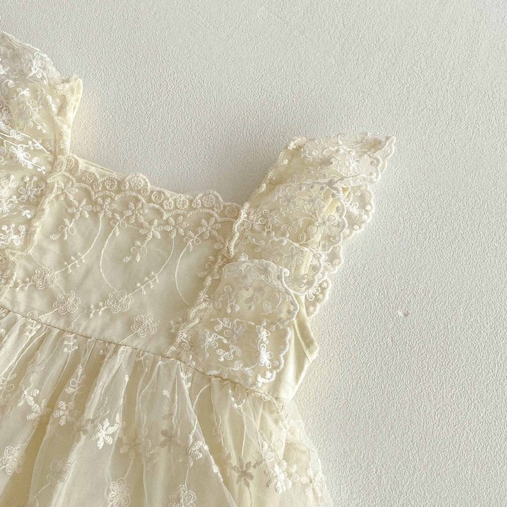 Summer Arrival Baby Girls Cute Beige Sleeveless Flowers Pattern Lace Onesies - Freeyouthzbandz