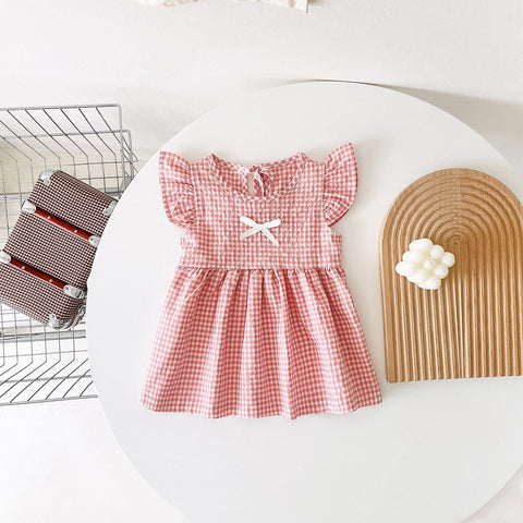 Arrival Summer Baby Girls Plaid Fly Sleeves Dress With Bow