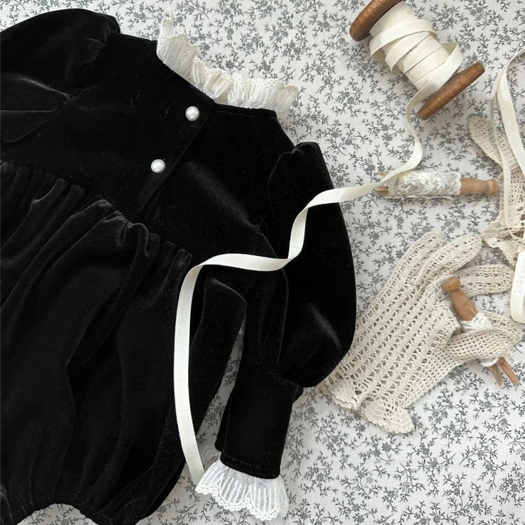 Arrival Baby Girls Black Long Sleeves Lace Trim Onesie - Freeyouthzbandz