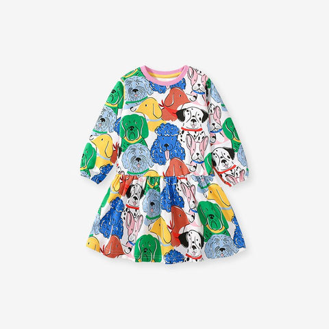 Design Autumn Girls Vivid Colorful Dogs Pattern Dress - Freeyouthzbandz