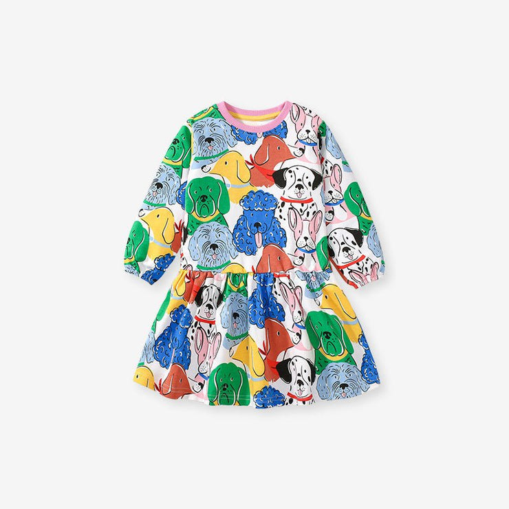 Design Autumn Girls Vivid Colorful Dogs Pattern Dress - Freeyouthzbandz