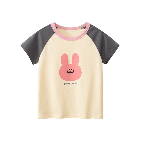 Rabbit Sweet Smile Print Girls’ Patchwork T-Shirt In European And American Style For Summer - Freeyouthzbandz