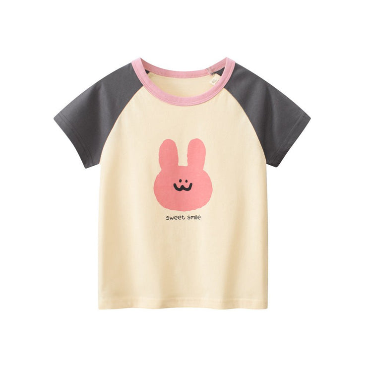 Rabbit Sweet Smile Print Girls’ Patchwork T-Shirt In European And American Style For Summer - Freeyouthzbandz