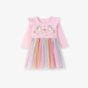 Autumn and Spring Arrival Unicorn Cartoon Pattern Long Sleeves Tulle Patchwork Dress for Stylish Girls - Freeyouthzbandz
