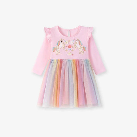 Autumn and Spring Arrival Unicorn Cartoon Pattern Long Sleeves Tulle Patchwork Dress for Stylish Girls - Freeyouthzbandz