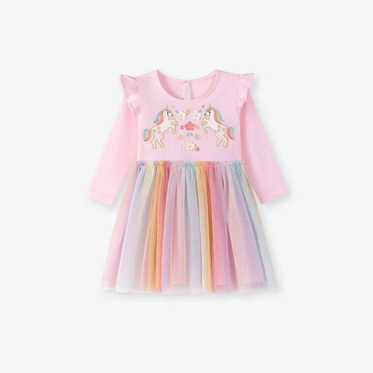 Autumn and Spring Arrival Unicorn Cartoon Pattern Long Sleeves Tulle Patchwork Dress for Stylish Girls - Freeyouthzbandz