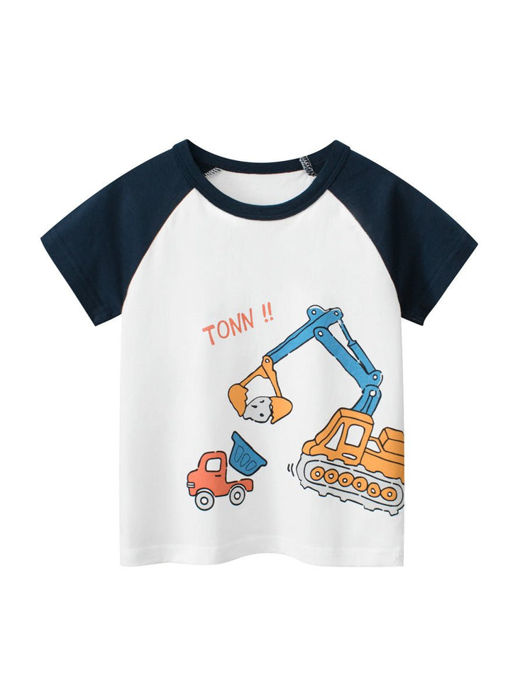 Boys’ Cartoon Excavator And Truck Print T-Shirt In European And American Style - Freeyouthzbandz