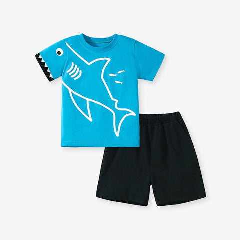Summer Baby Kids Shark Cartoon Pattern T-shirt and Shorts Clothing Set for Boys - Freeyouthzbandz