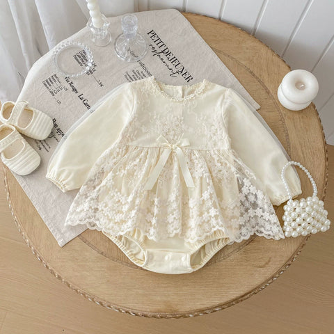 Autumn Arrival Baby Girls Long Sleeves Flowers Pattern Tulle Patchwork Onesies - Freeyouthzbandz