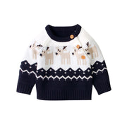Baby Cartoon Christmas Deer Pattern Shoulder Button Design Knitted Pullover Sweater - Freeyouthzbandz